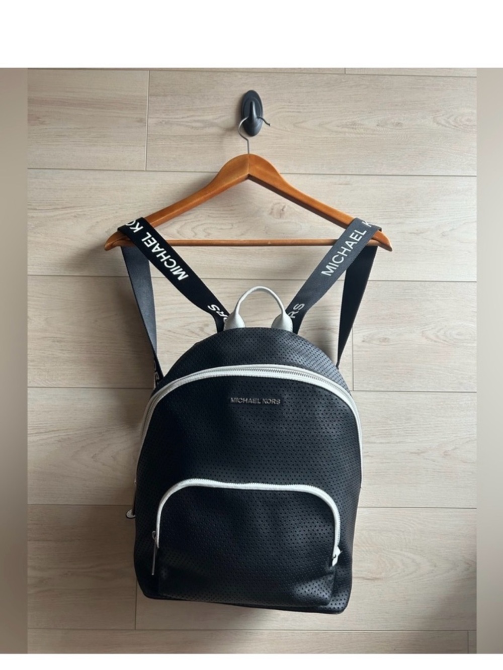 Michael Kors Black Backpack with White Trim and Logo Straps